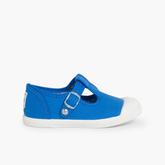 Sneakers Tela Bambini Punta Gomma Tipo T-bar Azzurro Reale