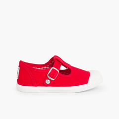 Sneakers Tela Bambini Punta Gomma Tipo T-bar Rosso